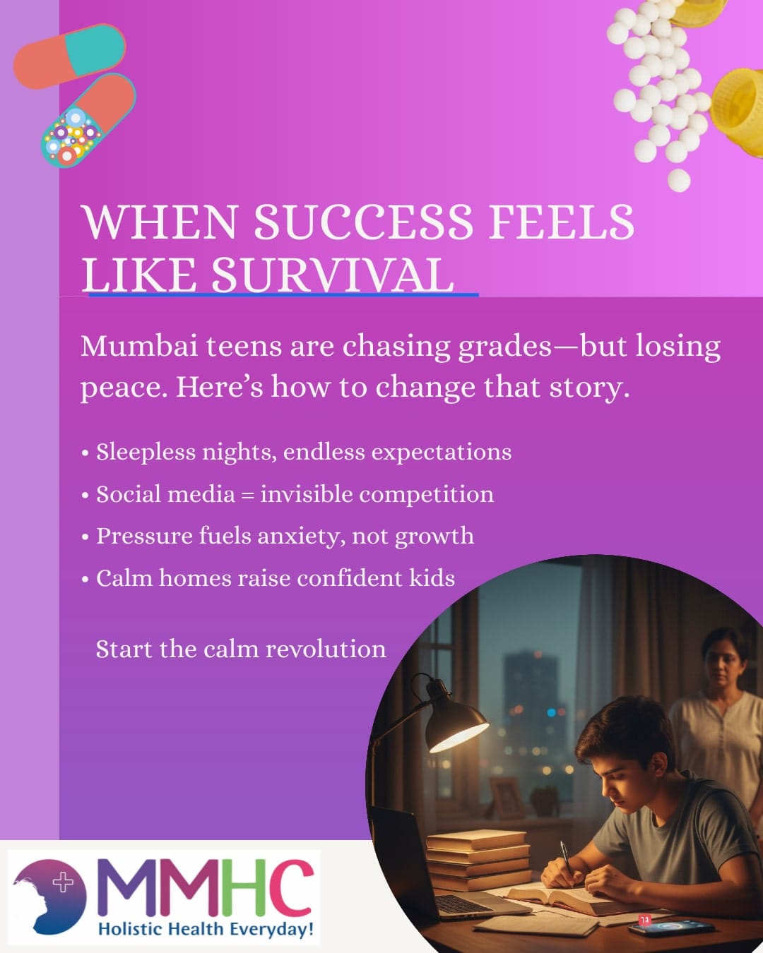 Teen studies late at night under parent's concern.