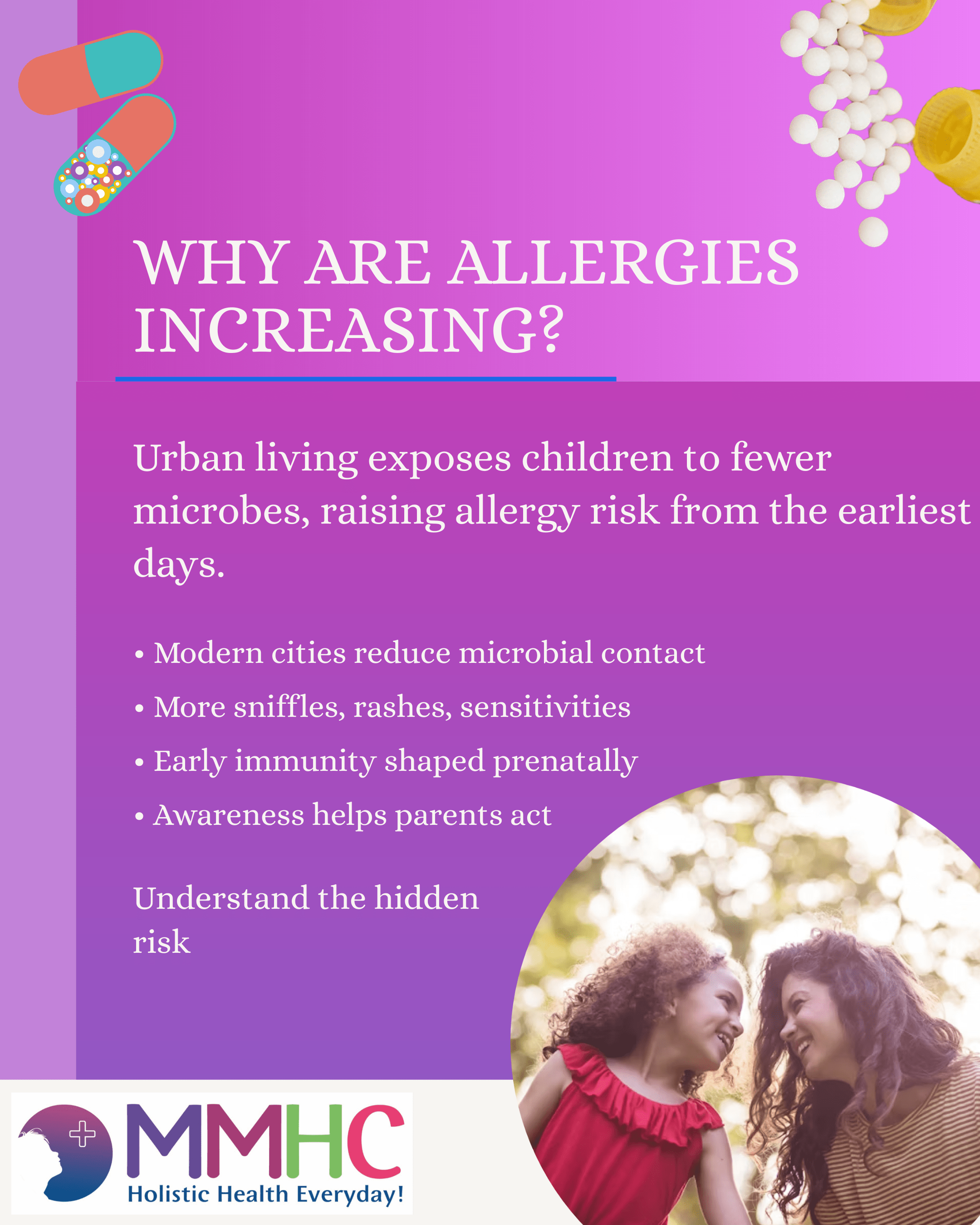 “Mother comforting child with rash, urban allergy awareness, warm tone.”