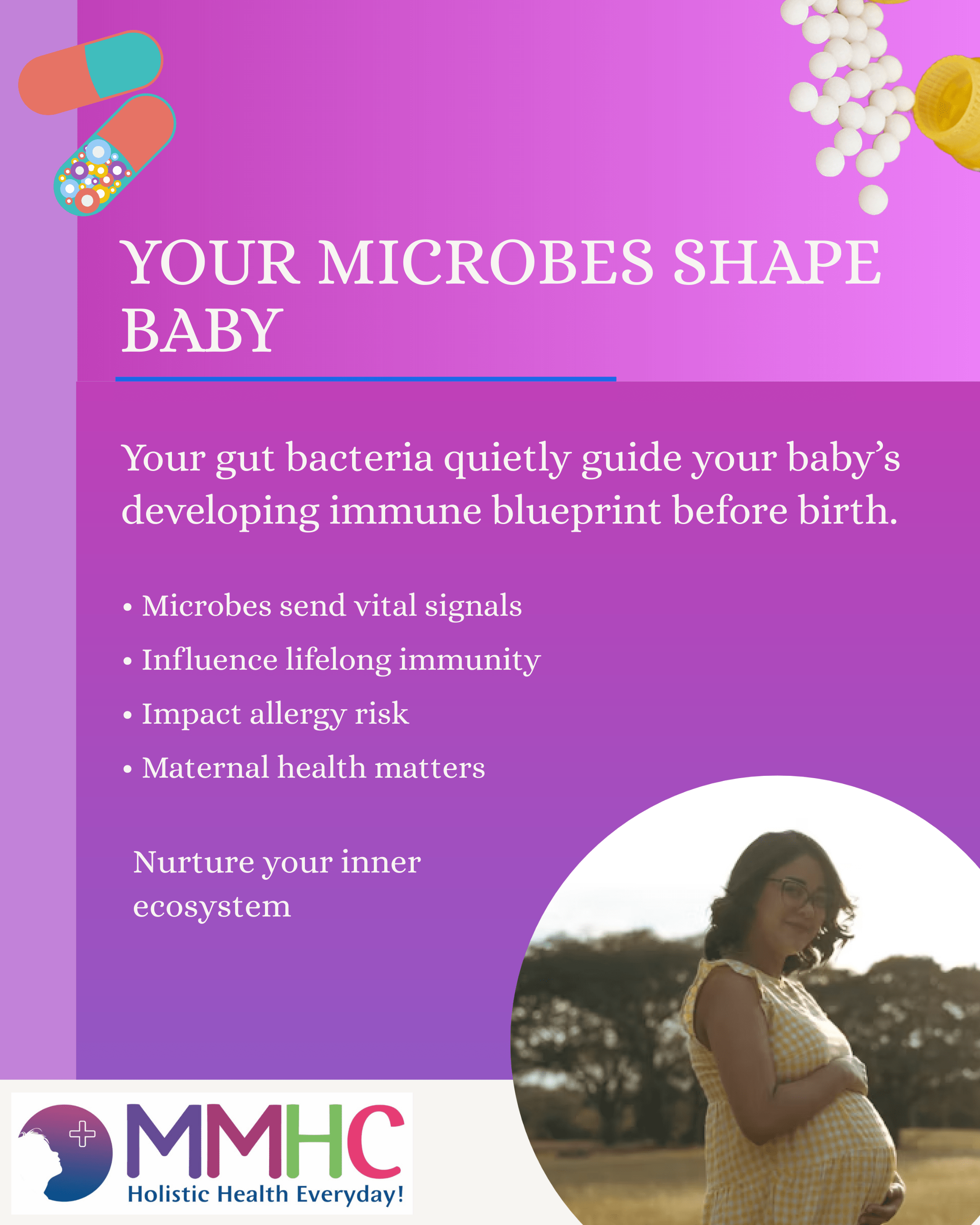 “Pregnant woman with glowing microbes symbolizing maternal microbiome impact.”