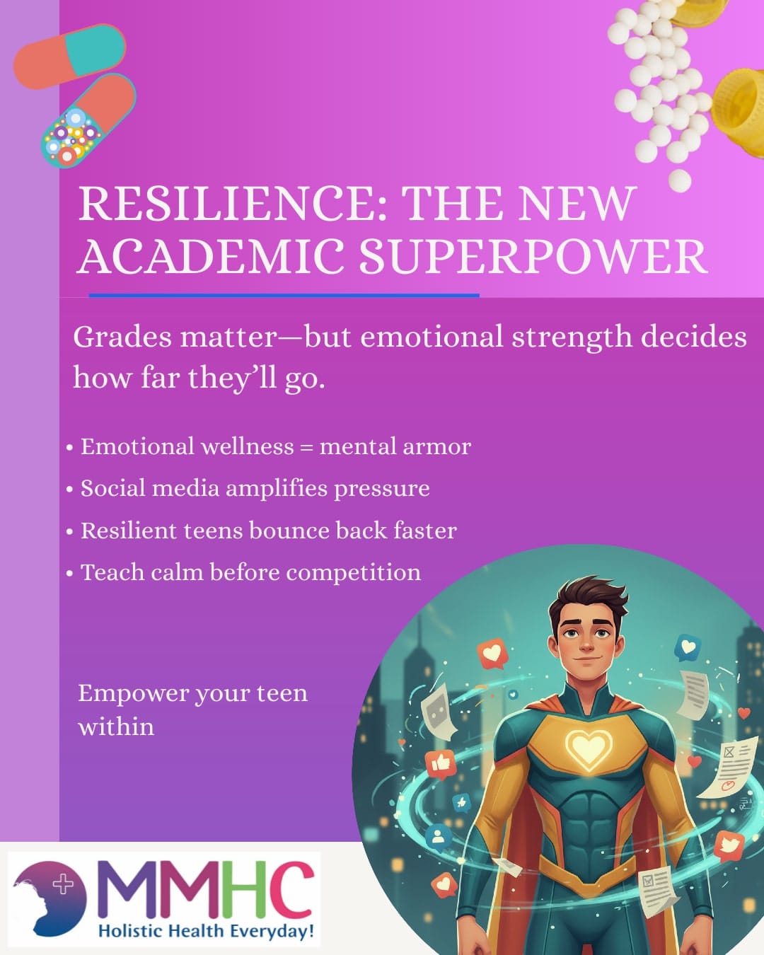 Confident teen glows amid fading social icons.