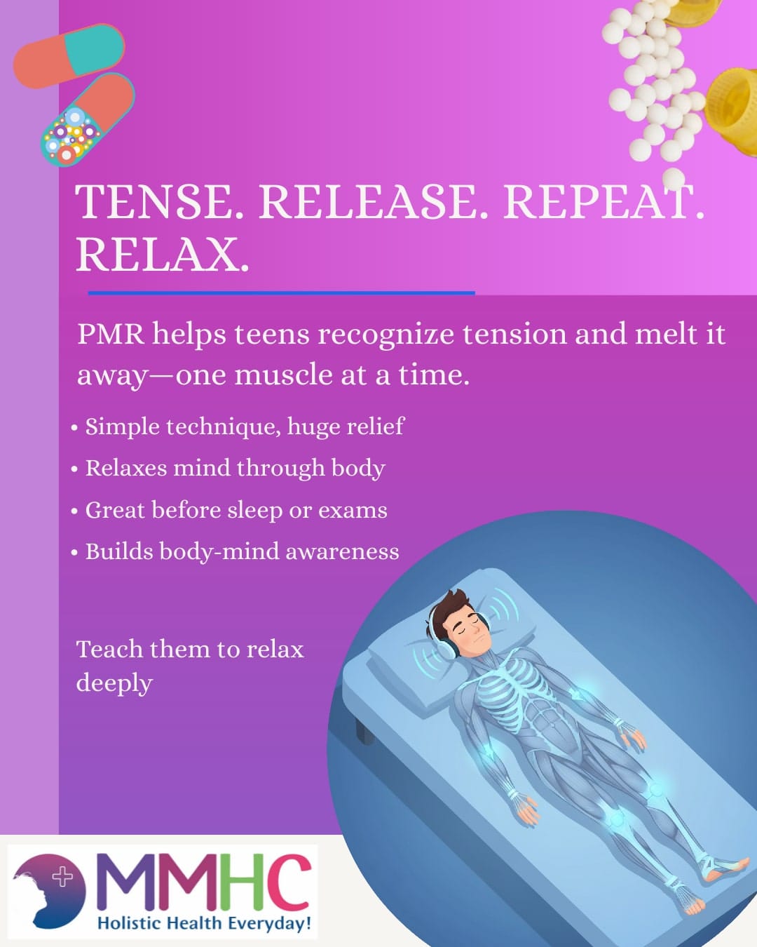 Teen practices PMR to relax and ease body tension.