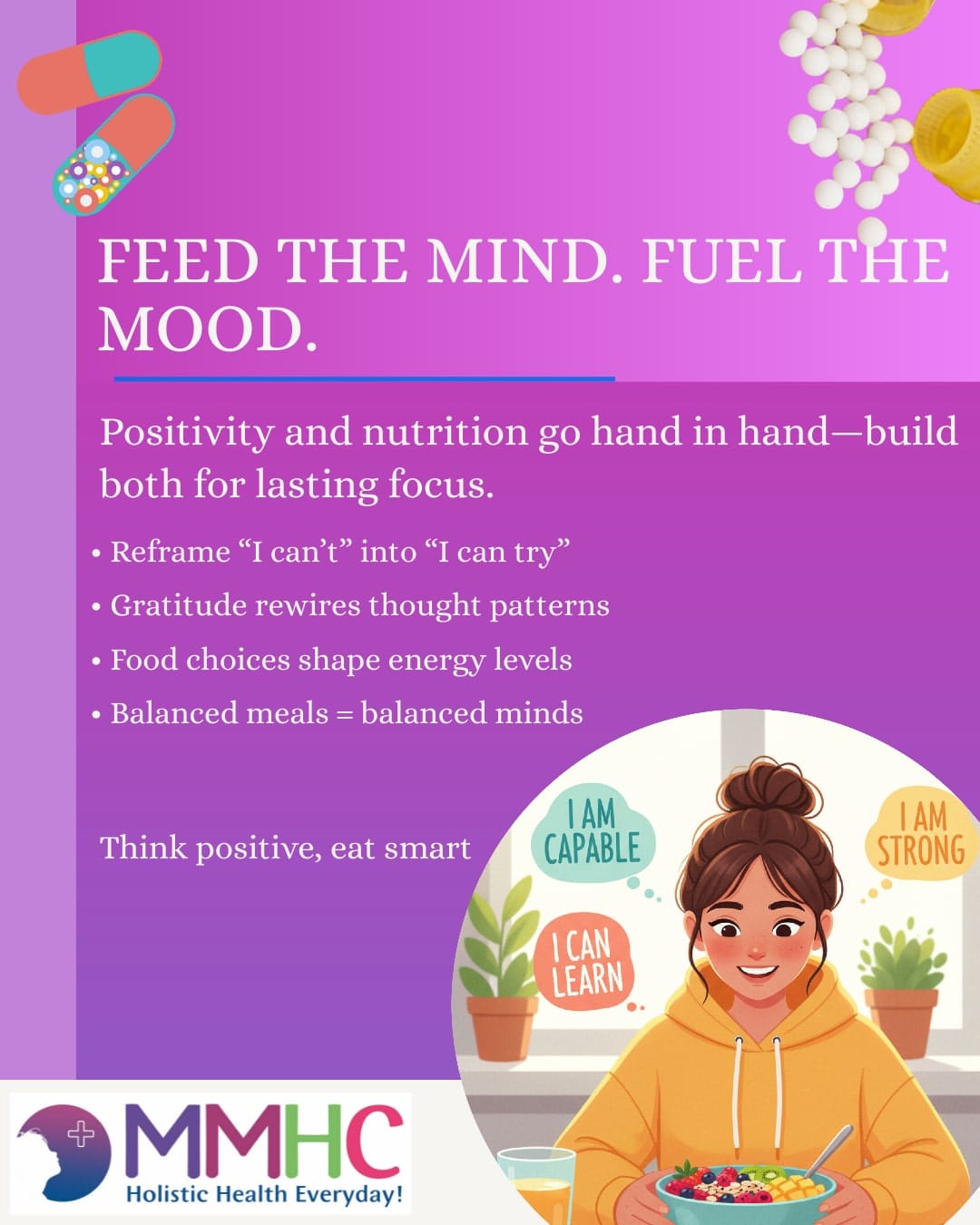 Teen practices positive thinking and healthy eating.