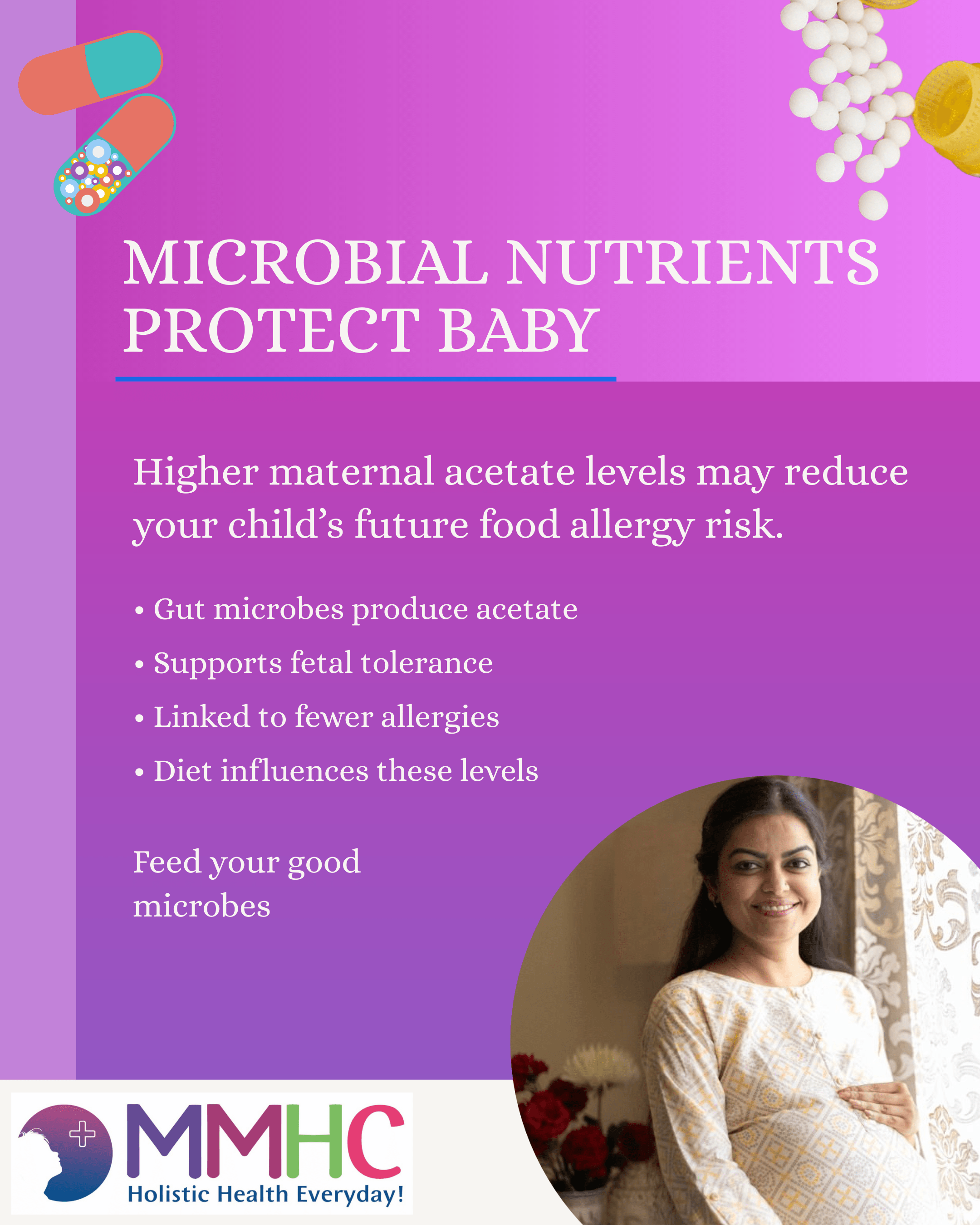 “Mother eating fiber foods with glowing acetate molecules for baby immunity.”