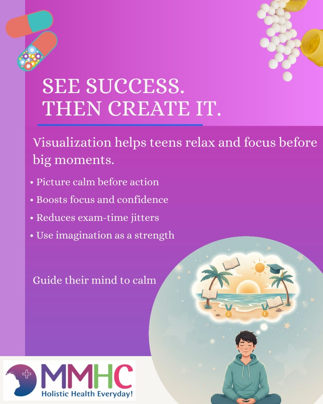 Teen visualizes calm scenes to relax and focus mind.